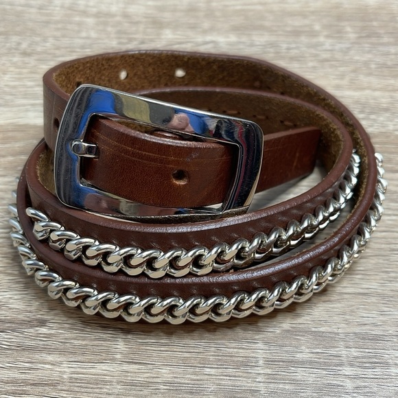 VINTAGE Garaglias Italian Belt Cognac Brown Genuine Leather Silver Tone Chain 30 - Picture 12 of 12